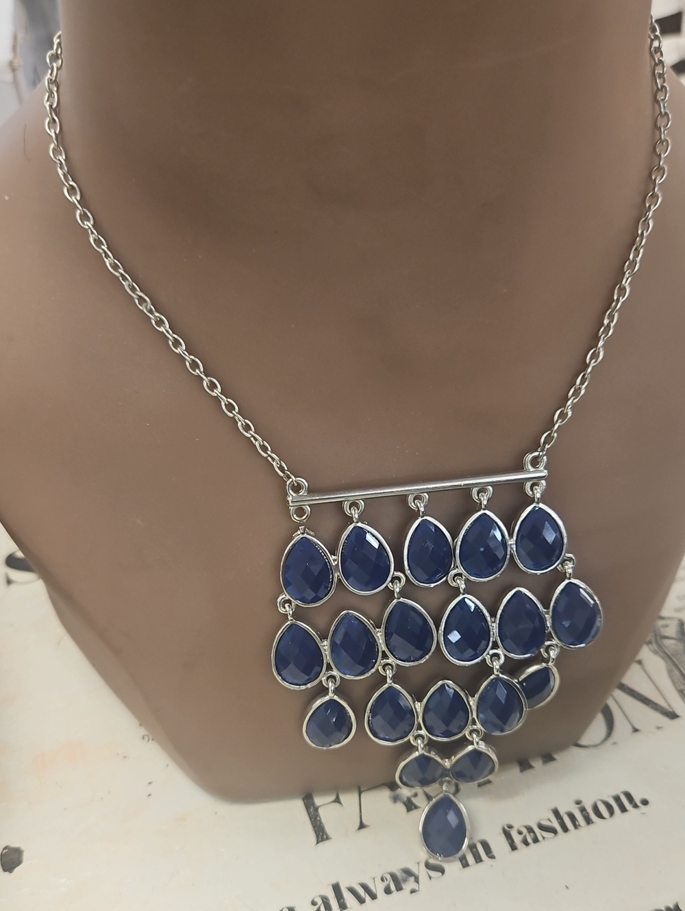 Silver-Tone Navy Teardrop Chandelier Necklace